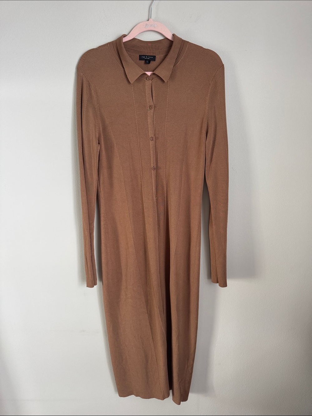 Rag & Bone Ribbed Knit Midi Shirt Dress Brown Size L Quiet Luxury - Picture 2 of 10